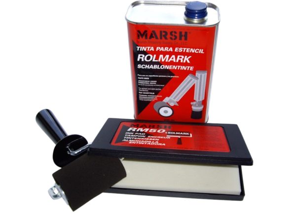 Kit marquage pochoir comprenant un rouleau mousse RM20 , un tampon encreur RM50 et 1 bidon d'encre noir ROLMARK